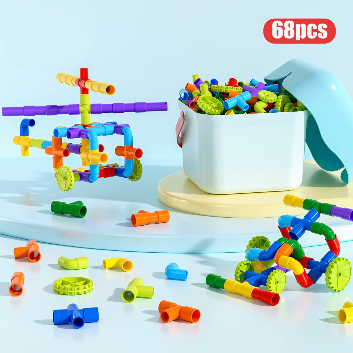 Creative Water Pipe Building Blocks – STEM Educational Tube Toys with Wheels Baseplate for Boys and Girls