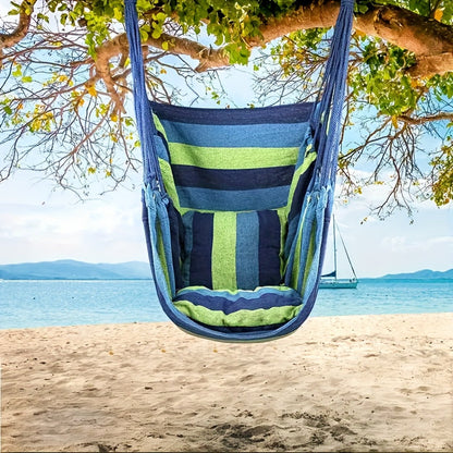 Striped Hammock Chair – Hanging Rope Swing Seat with Cushions for Porch, Patio, Bedroom & Camping