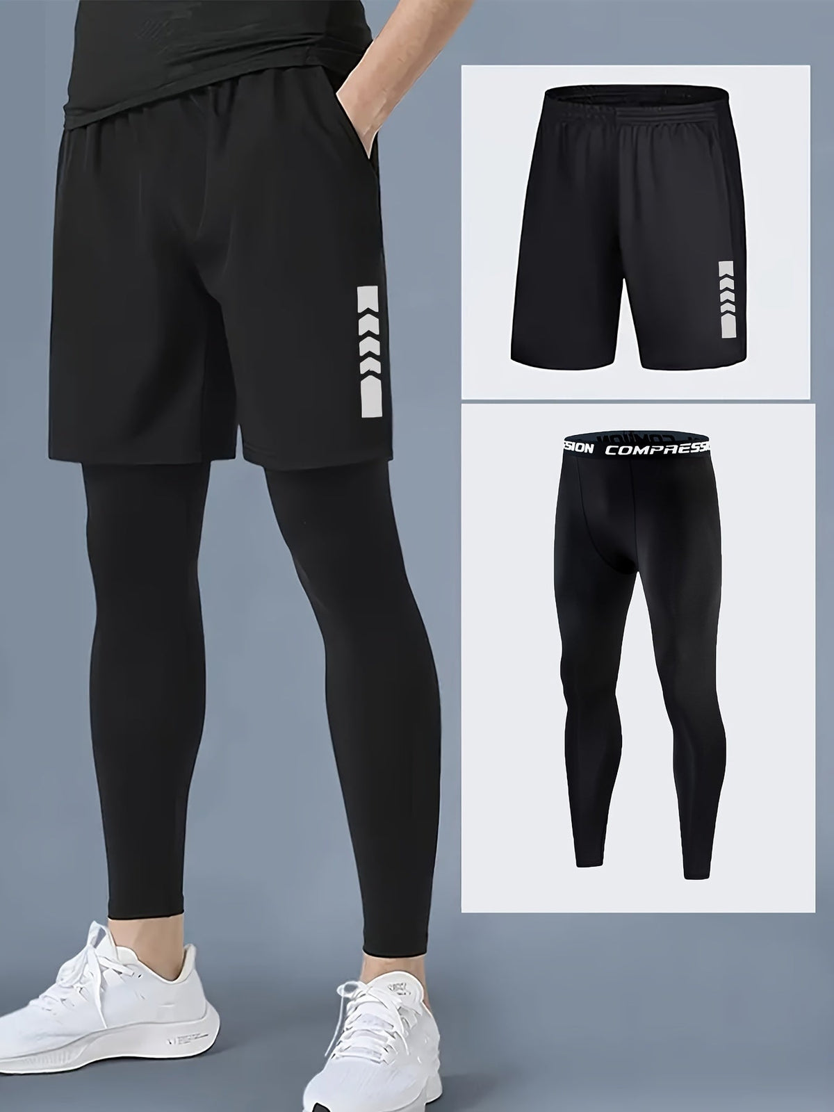 Men’s 2-Piece Sports Set – Running Training Shorts with Compression Tights, Quick-Dry Activewear for Gym & Basketball