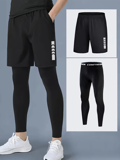 Men’s 2-Piece Sports Set – Running Training Shorts with Compression Tights, Quick-Dry Activewear for Gym & Basketball