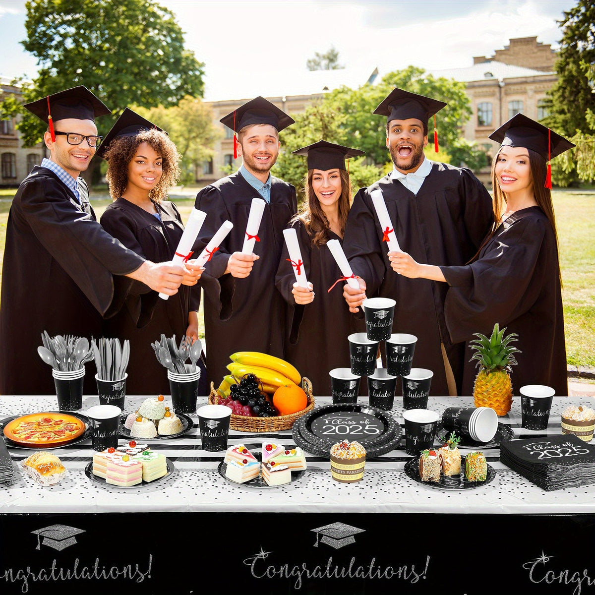 Class of 2025 Graduation Dinnerware Set – Black Gold Silver Disposable Party Plates, Cups & Cutlery for 30 Guests