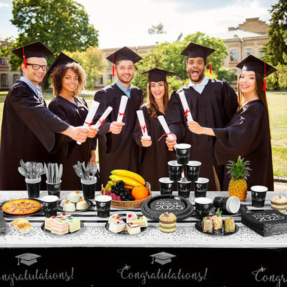 Class of 2025 Graduation Dinnerware Set – Black Gold Silver Disposable Party Plates, Cups & Cutlery for 30 Guests