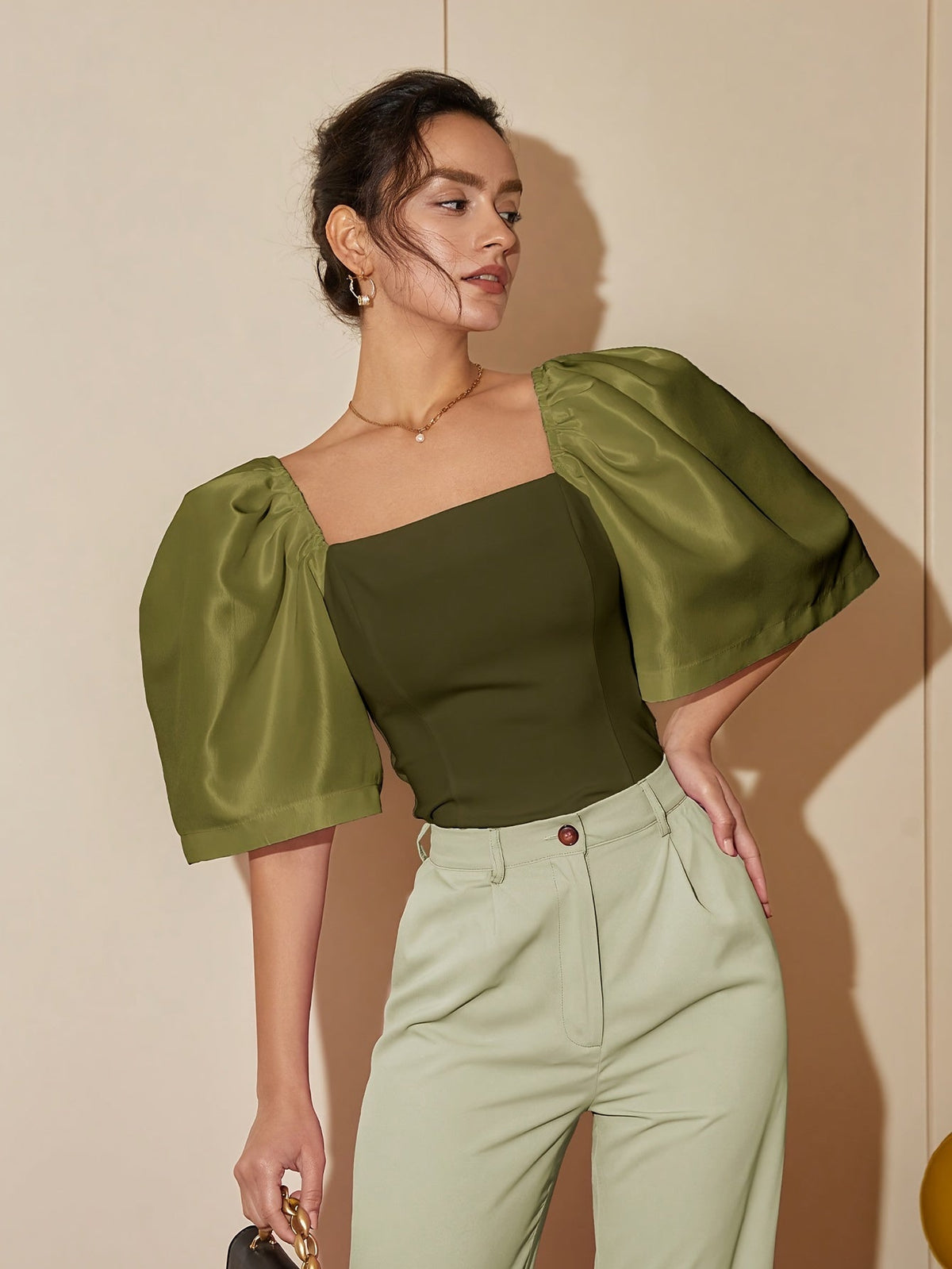 Chic Square Neck Lantern Sleeve Blouse – Woven Polyester Women’s Fashion Top for Spring/Summer Street Style with a Flattering Skinny Fit
