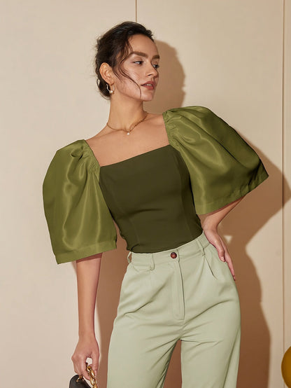 Chic Square Neck Lantern Sleeve Blouse – Woven Polyester Women’s Fashion Top for Spring/Summer Street Style with a Flattering Skinny Fit