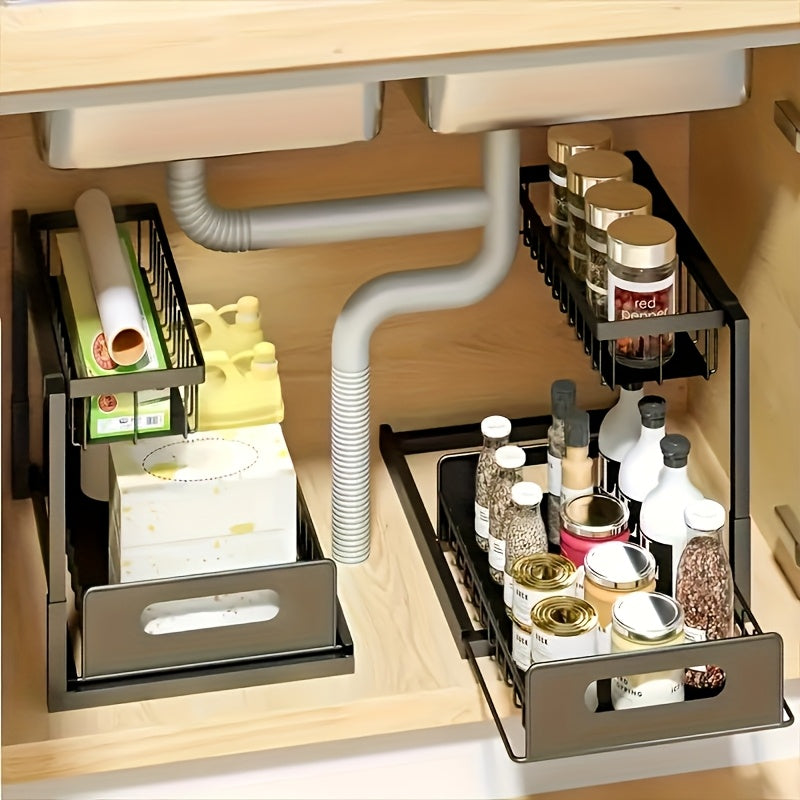 Two Tier Pull-Out Under Sink Organizer – Sliding Cabinet Shelf Storage for Kitchen or Bathroom, Space-Saving and Easy Access for Cleaning Supplies