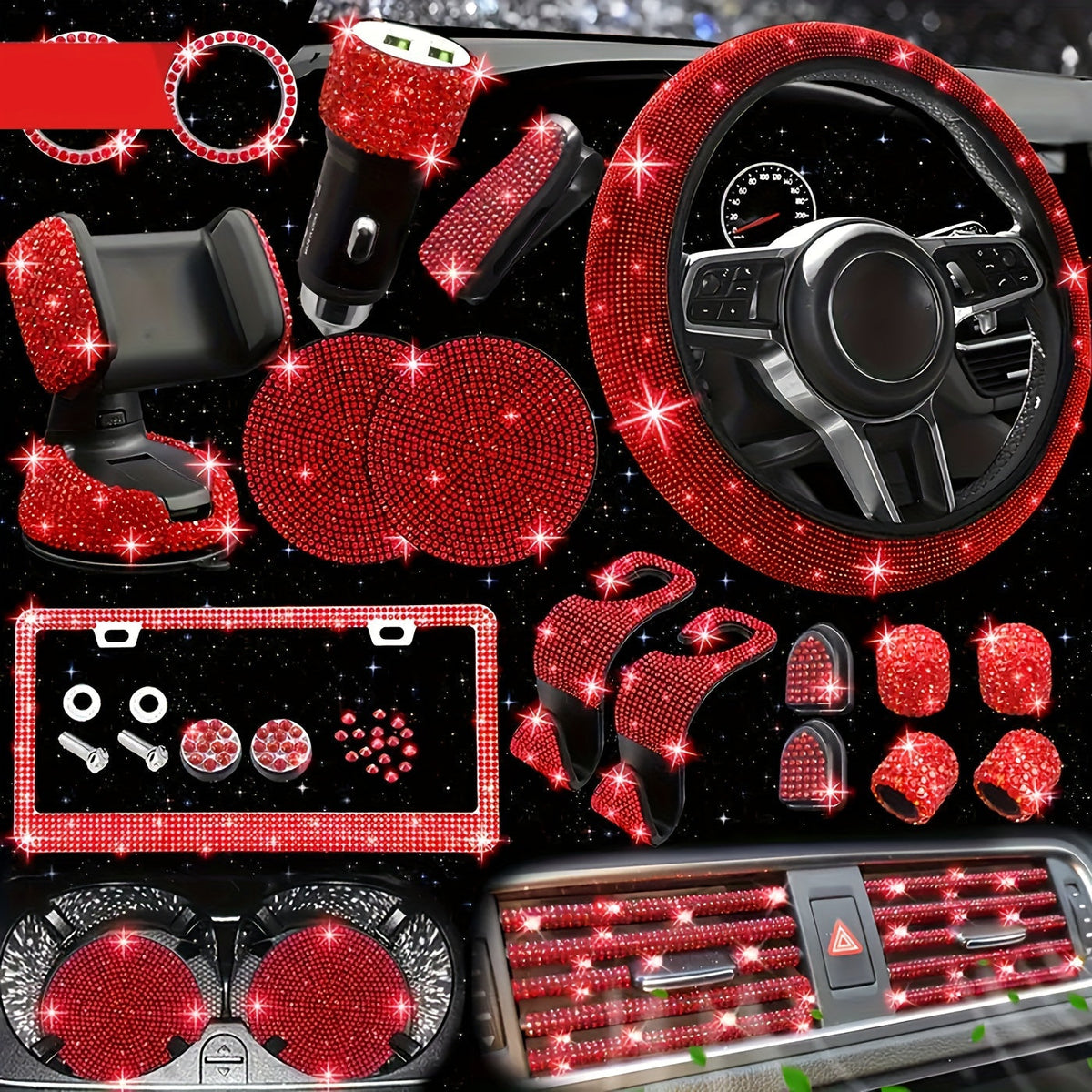Bling Interior Set for Women with Rhinestone - 27pcs. Luxury Car Accessories for Steering Cover, Crystal Push Start Ring and Gear Trim