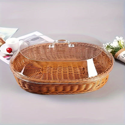 Classic Wicker Bread Basket with Clear Lid – Washable Display Tray for Kitchen Counters, Picnics, Buffets & Artisan Food Presentation