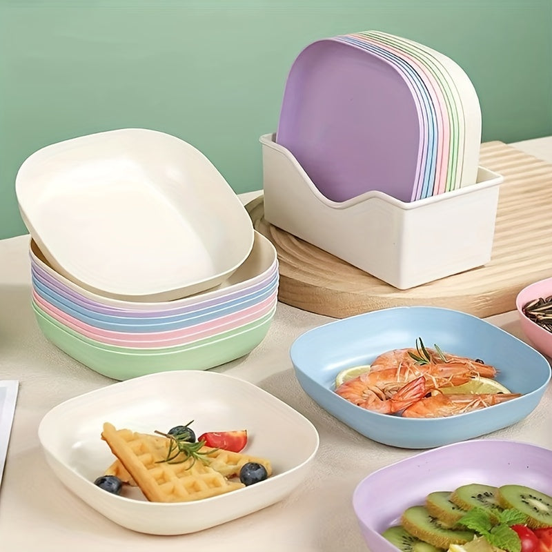 Square Dinner Plate Set with Holder – Ten Pieces Durable Plastic Dishes for Snacks, Breakfast & Everyday Dining