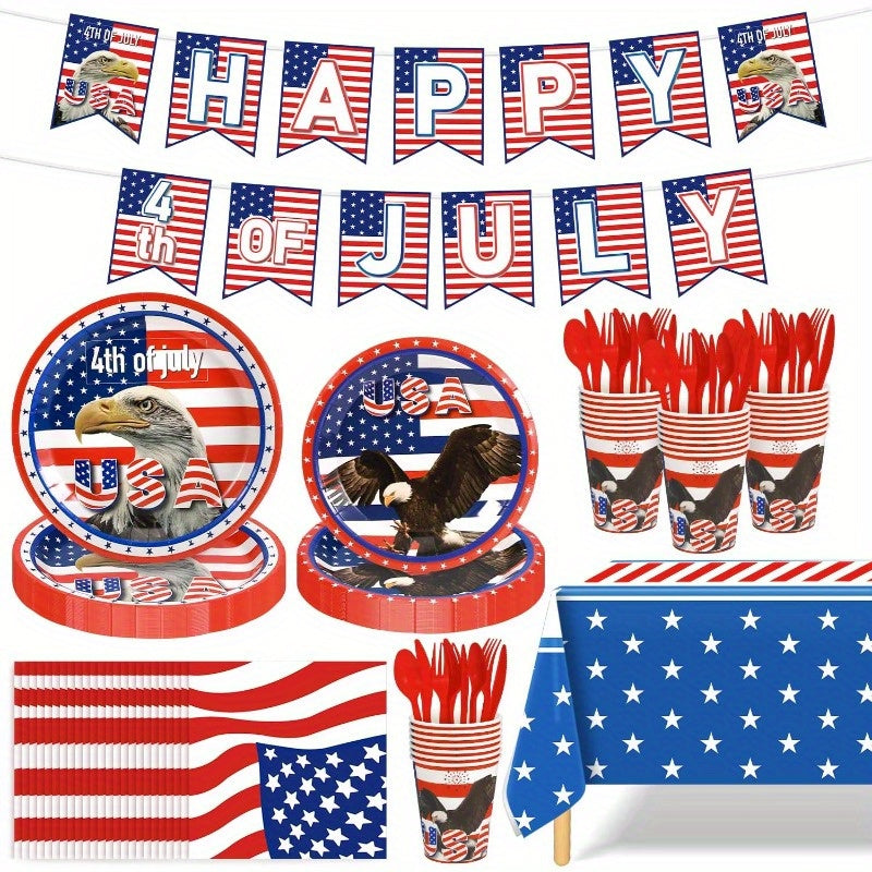 Patriotic 4th of July Party Decor Set – 170pcs American Flag Themed Plates, Cups, Tablecloths & Banner for Independence Day Celebrations, Fireworks Parties & Patriotic Events
