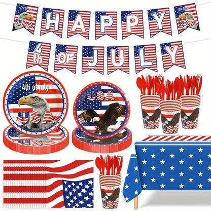 Patriotic 4th of July Party Decor Set – 170pcs American Flag Themed Plates, Cups, Tablecloths & Banner for Independence Day Celebrations, Fireworks Parties & Patriotic Events