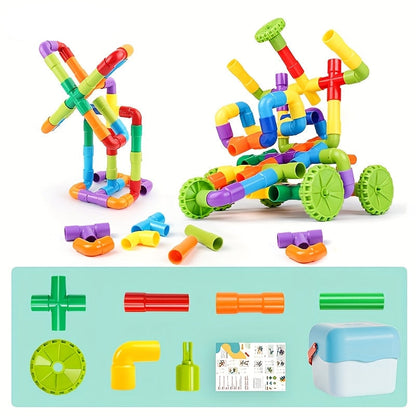 Creative Water Pipe Building Blocks – STEM Educational Tube Toys with Wheels Baseplate for Boys and Girls