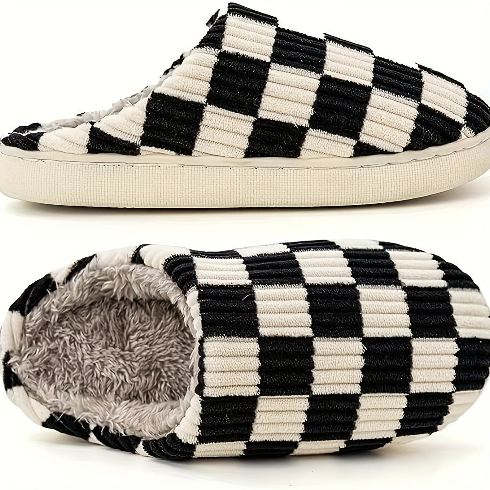 Women’s Plush Winter House Slippers – Warm Checkered Faux Fur Indoor Outdoor Non-Slip Bedroom Shoes