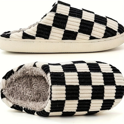 Women’s Plush Winter House Slippers – Warm Checkered Faux Fur Indoor Outdoor Non-Slip Bedroom Shoes