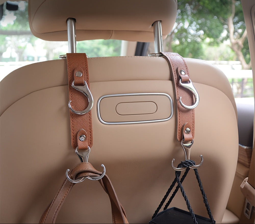 Faux Leather Car Seat Hooks – 2pcs Multi-Function Durable Headrest Hangers for Bags, Groceries, and Stylish Car Interior Organization