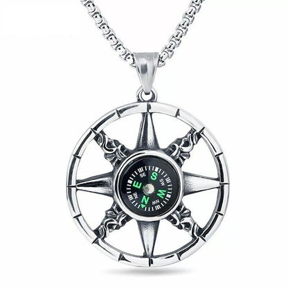 Vintage Men’s Compass Pendant Necklace – Stainless Steel Round Compass Jewelry for Travel-Inspired Street Style Accessories