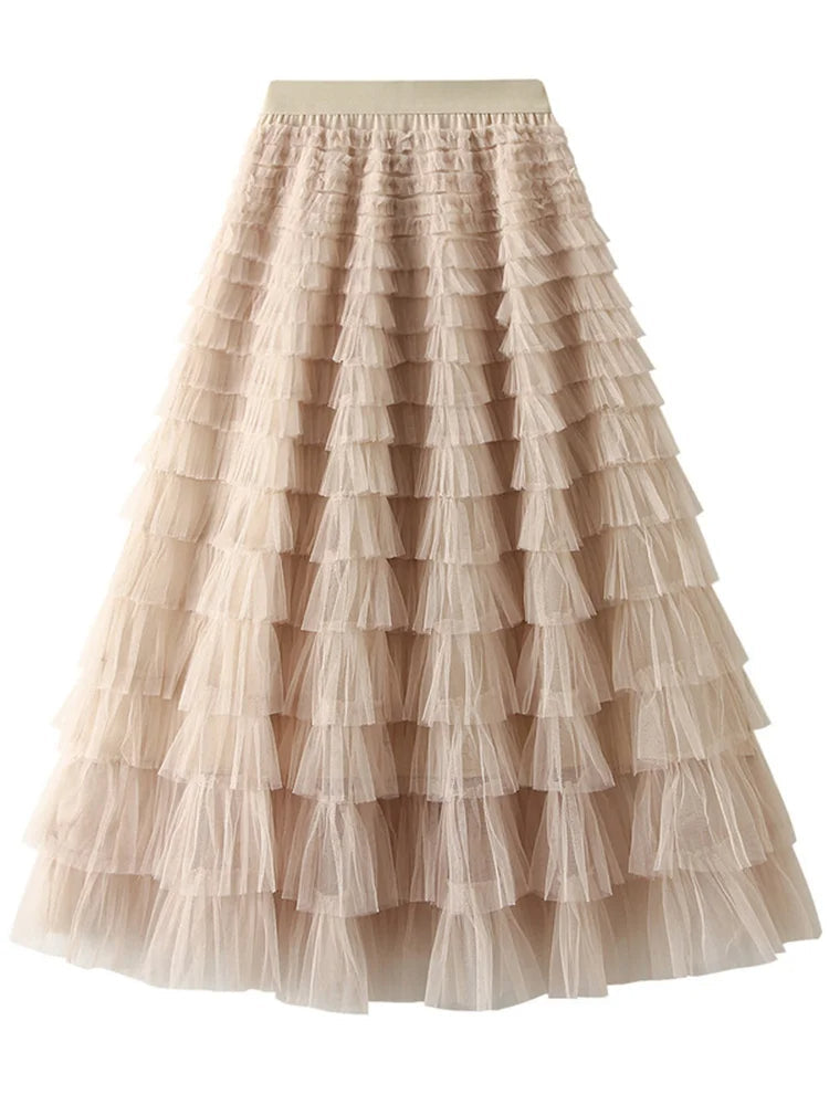 Layered High Waist Ruffles Pink Tulle Skirt – Vintage-Inspired Maxi Skirt for Romantic, Feminine Outfits Anytime