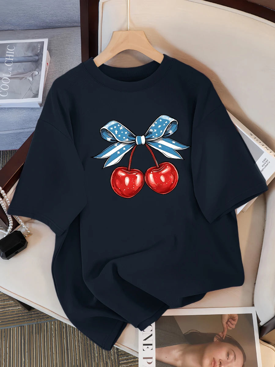 Women’s Cotton Cherry Print T-Shirt – Summer Loose Hip Hop Tee with Flag Bow Detail, Breathable Comfort, and Stylish Streetwear Vibe