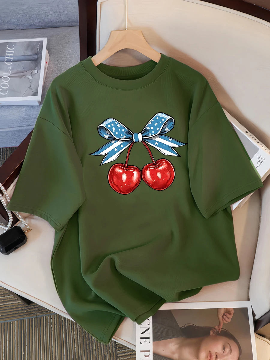 Women’s Cotton Cherry Print T-Shirt – Summer Loose Hip Hop Tee with Flag Bow Detail, Breathable Comfort, and Stylish Streetwear Vibe