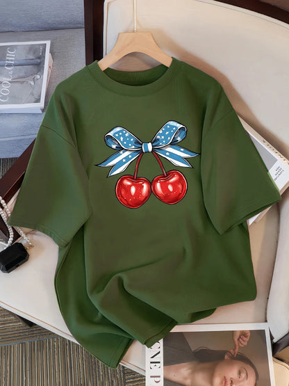 Women’s Cotton Cherry Print T-Shirt – Summer Loose Hip Hop Tee with Flag Bow Detail, Breathable Comfort, and Stylish Streetwear Vibe