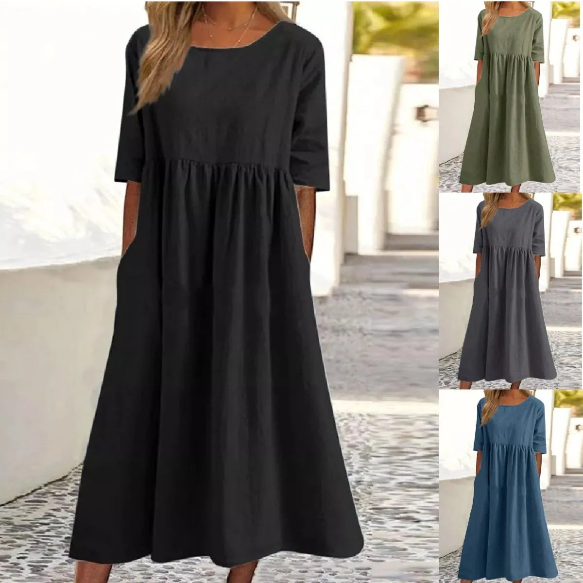 Women’s Cotton Blend Long Dress – Casual Solid Color Round Neck Loose Fit with Half Sleeves, Perfect for Spring and Summer Fashion Comfort