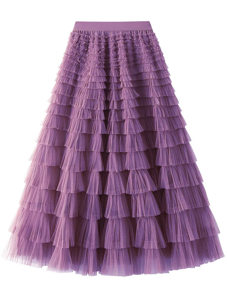 Layered High Waist Ruffles Pink Tulle Skirt – Vintage-Inspired Maxi Skirt for Romantic, Feminine Outfits Anytime