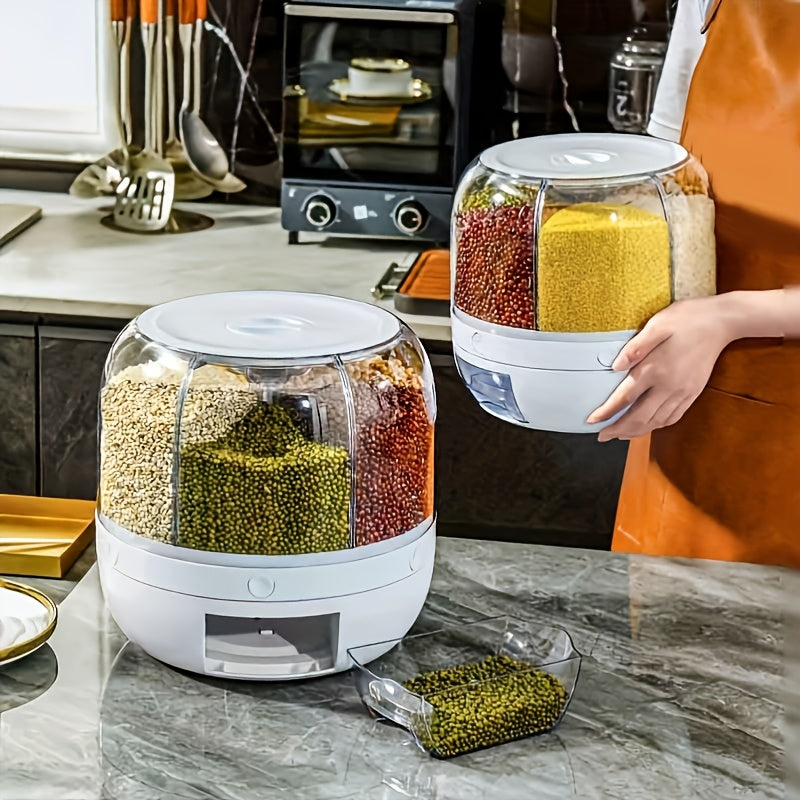 Large Capacity 6-Compartment Grain Dispenser – Airtight 360 Degrees Rotating Rice Bin for Cereals, Flour, Pet Food & Snack Storage