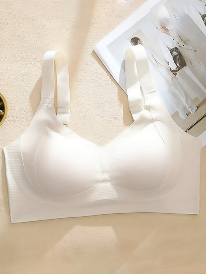 Seamless Full Coverage Bra – Beige Ribbed Comfort Fit, No Underwire, Anti-Sag Design with Removable Pads