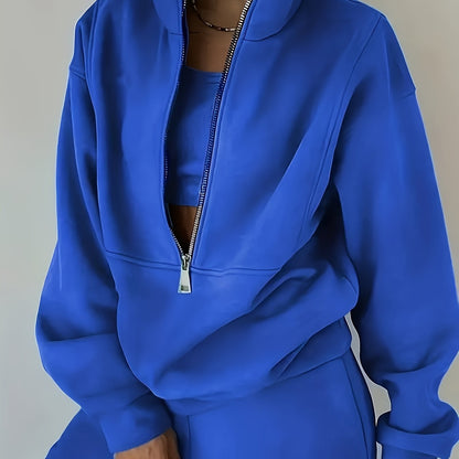 Women’s Two-Piece Zip Sweatshirt & Pants Set – Long Sleeve Casual Lounge Outfit with Elastic Waist Design