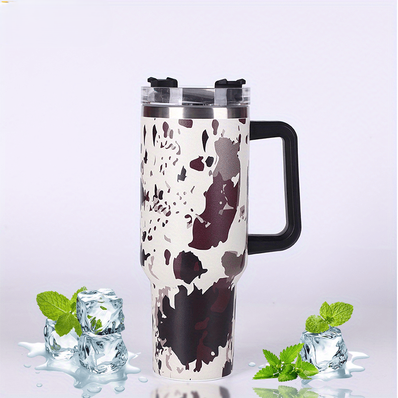 Stainless Steel Insulated Cow Print Tumbler – 40oz Travel Mug with Handle and Straw Lid, Heat-Preserving, Perfect Gift for Camping, Sports, and Outdoor Adventures