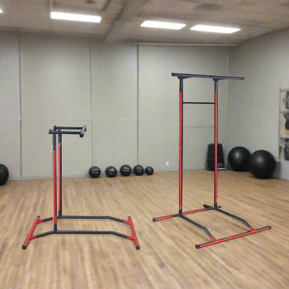 Power Tower Dip Station – 2-Level Adjustable Pull-Up Bar, Home Gym Strength Training, 220LBS Capacity, Black & Red Fitness Frame