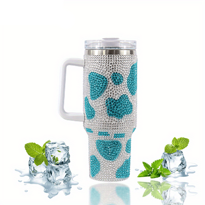 Stainless Steel Insulated Cow Print Tumbler – 40oz Travel Mug with Handle and Straw Lid, Heat-Preserving, Perfect Gift for Camping, Sports, and Outdoor Adventures