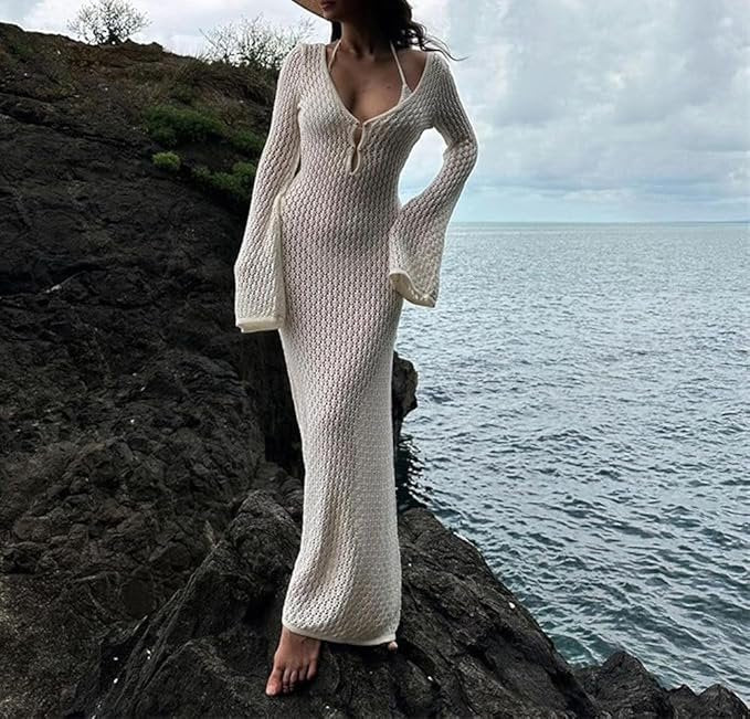 Deep V-Neck Hollow-Out Knit Beach Dress - Backless, Chic, Flowy