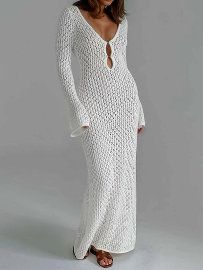 Deep V-Neck Hollow-Out Knit Beach Dress - Backless, Chic, Flowy