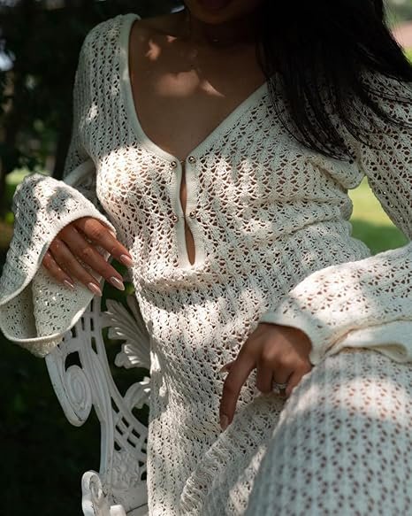 Deep V-Neck Hollow-Out Knit Beach Dress - Backless, Chic, Flowy