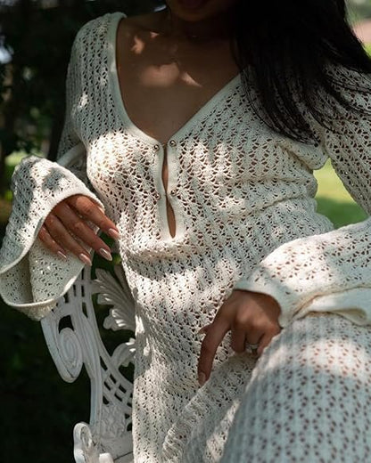 Deep V-Neck Hollow-Out Knit Beach Dress - Backless, Chic, Flowy