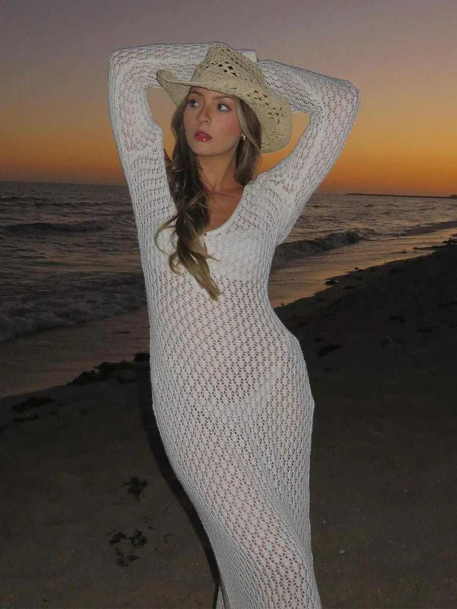 Deep V-Neck Hollow-Out Knit Beach Dress - Backless, Chic, Flowy