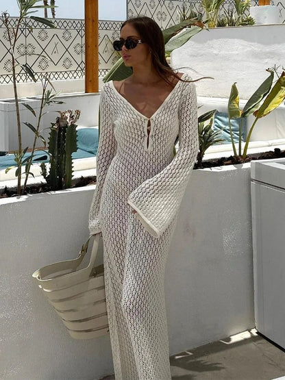 Deep V-Neck Hollow-Out Knit Beach Dress - Backless, Chic, Flowy