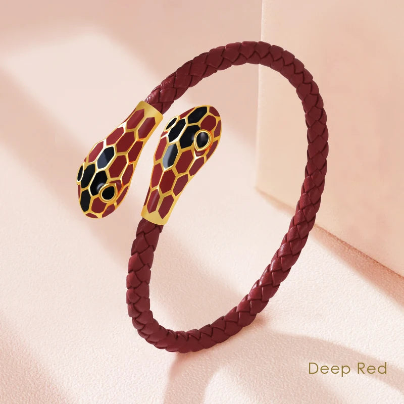 Double Snake Head Leather Bracelet – Classic Moonlight Braided Jewelry for Women’s Fashion with Genuine Leather & Gift Appeal