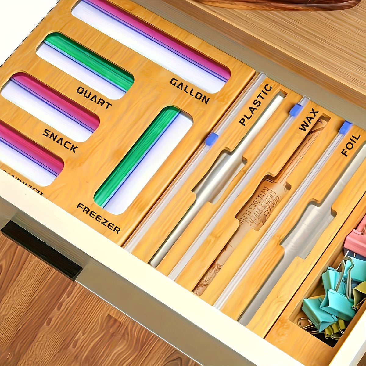 Bag Sealer Organizer – 9-in-1  Kitchen Drawer Storage Box for Ziplock Bags, Cling Film & Food Bag Organization