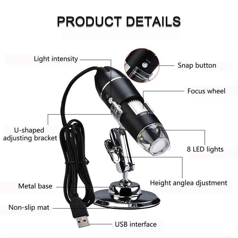 Digital USB Microscope with Carrying Case & Metal Stand, Wide Compatibity, Windows, Mac, Linux, Andriod