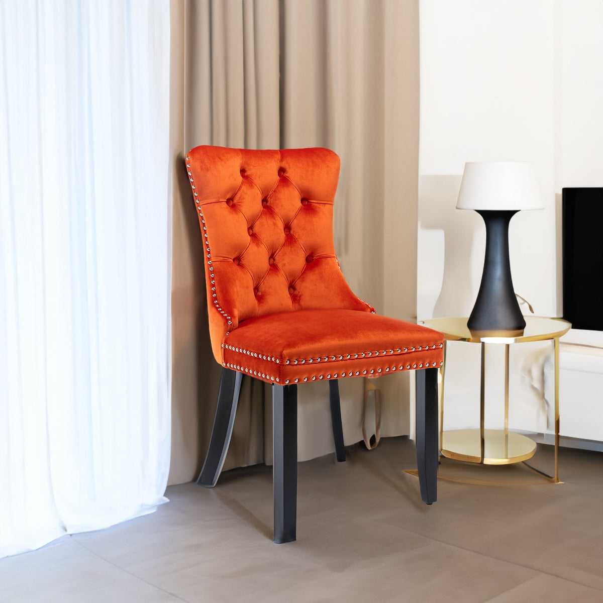 Dining Chair - High-end Tufted Solid Wood Contemporary Flax Upholstered Chair with Wood Legs Nail Head Trim, 2pcs Set