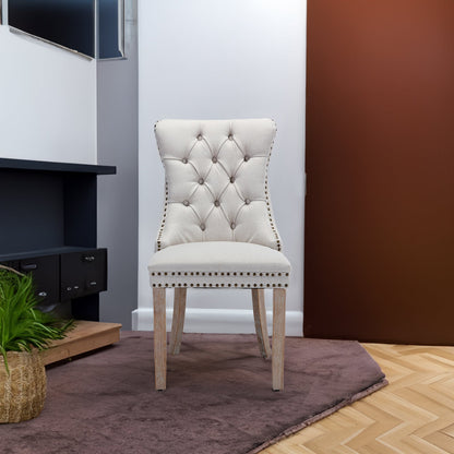 Dining Chair - High-end Tufted Solid Wood Contemporary Flax Upholstered Chair with Wood Legs Nail Head Trim, 2pcs Set
