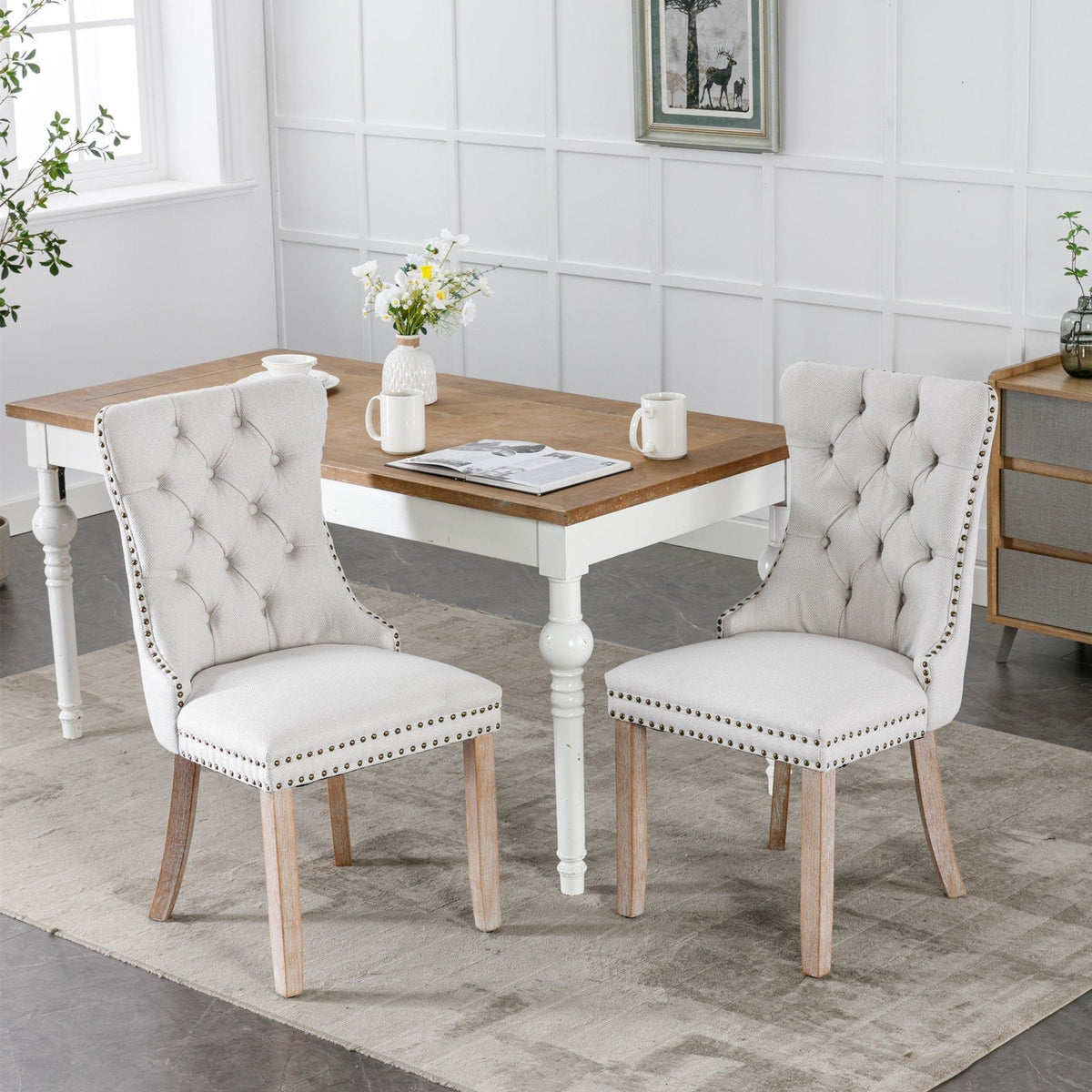 Dining Chair - High-end Tufted Solid Wood Contemporary Flax Upholstered Chair with Wood Legs Nail Head Trim, 2pcs Set