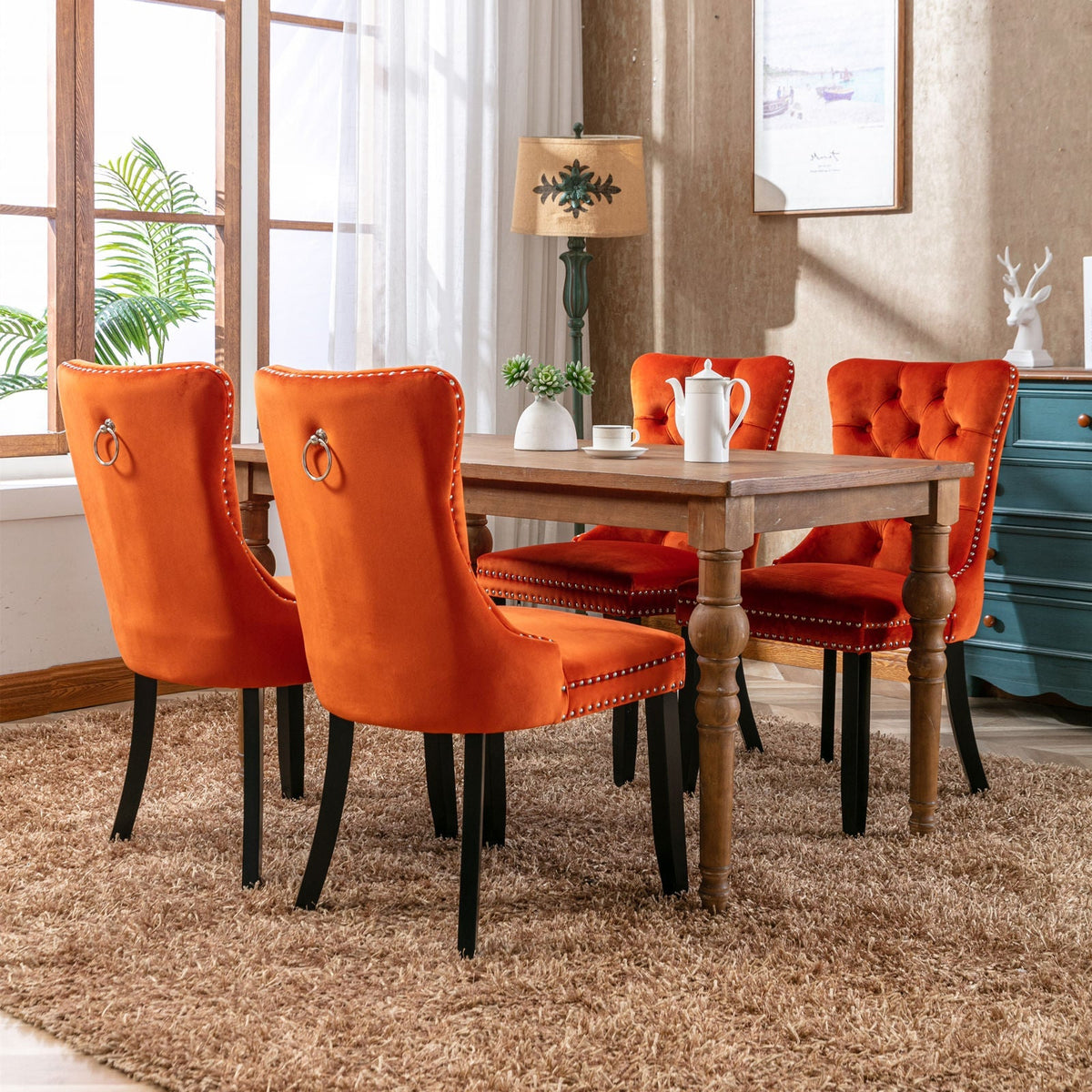 Dining Chair - High-end Tufted Solid Wood Contemporary Flax Upholstered Chair with Wood Legs Nail Head Trim, 2pcs Set