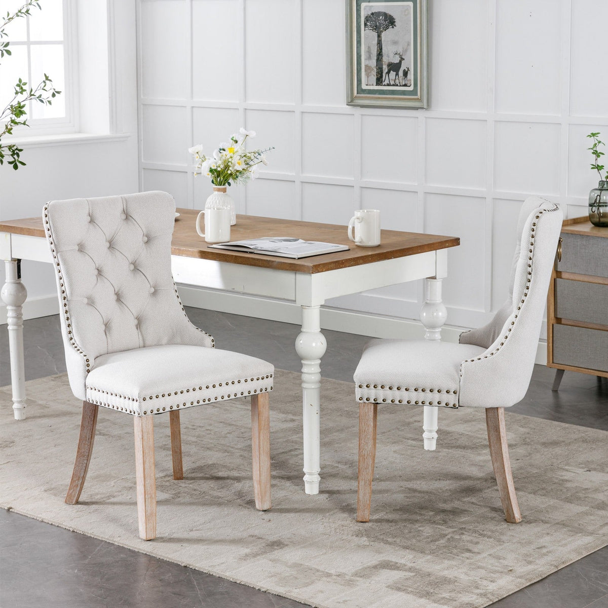 Dining Chair - High-end Tufted Solid Wood Contemporary Flax Upholstered Chair with Wood Legs Nail Head Trim, 2pcs Set