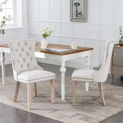 Dining Chair - High-end Tufted Solid Wood Contemporary Flax Upholstered Chair with Wood Legs Nail Head Trim, 2pcs Set