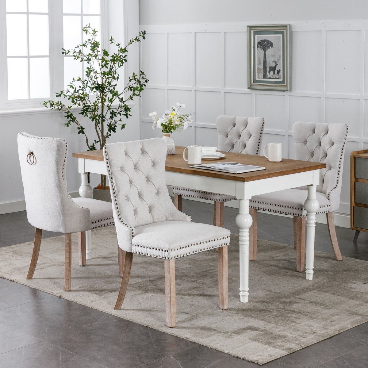 Dining Chair - High-end Tufted Solid Wood Contemporary Flax Upholstered Chair with Wood Legs Nail Head Trim, 2pcs Set