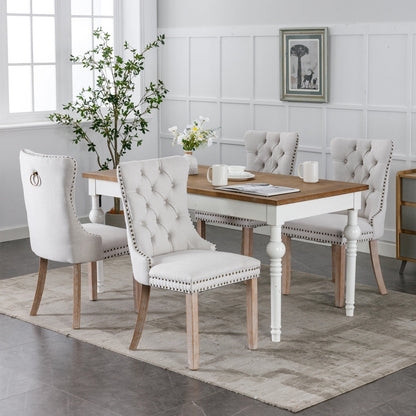 Dining Chair - High-end Tufted Solid Wood Contemporary Flax Upholstered Chair with Wood Legs Nail Head Trim, 2pcs Set
