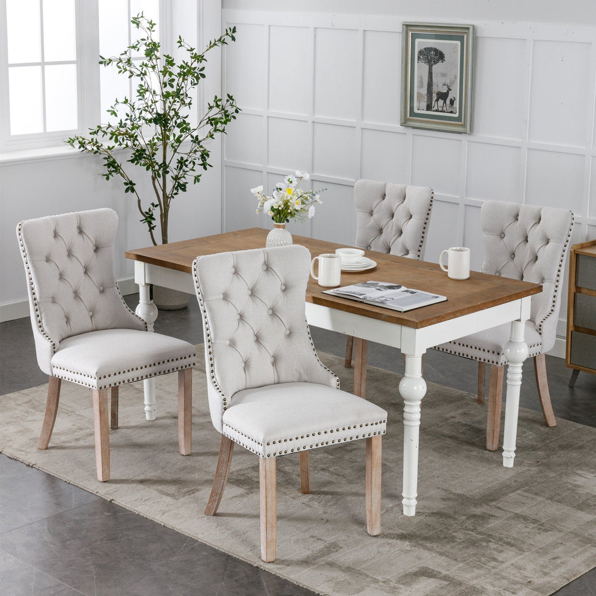 Dining Chair - High-end Tufted Solid Wood Contemporary Flax Upholstered Chair with Wood Legs Nail Head Trim, 2pcs Set