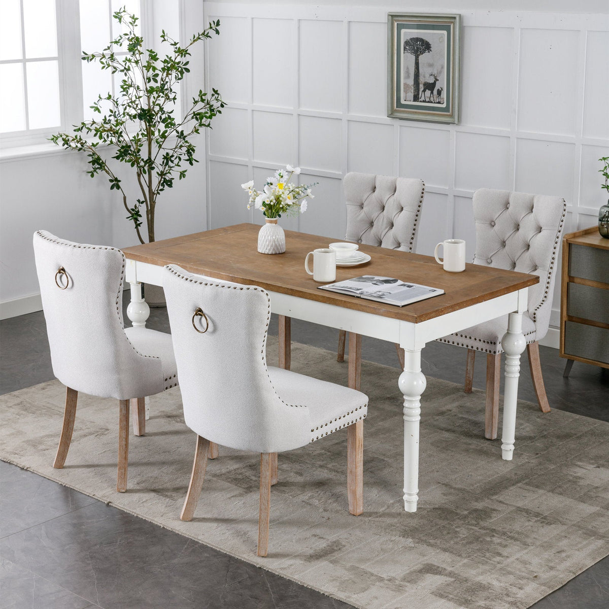 Dining Chair - High-end Tufted Solid Wood Contemporary Flax Upholstered Chair with Wood Legs Nail Head Trim, 2pcs Set